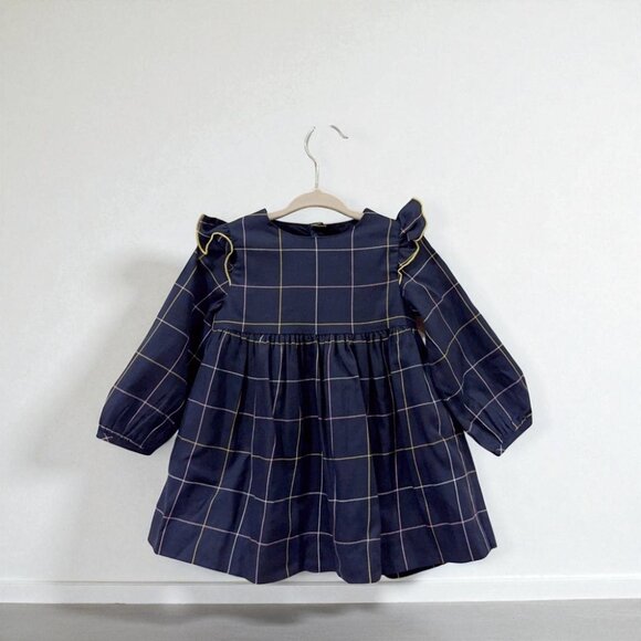 Jacadi Other - NWT Jacadi Navy Cotton Checker Print Long Sleeve Double Layered Dress 12 MONTH